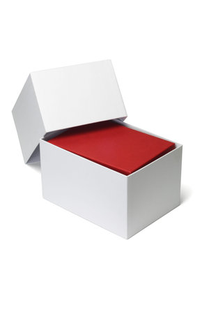 Open white box with red giftbox inside on isolated background