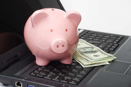 Conceptual image of piggy bank, US dollars and laptop - internet bankingの写真素材