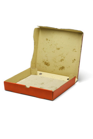 Open empty pizza delivery box on white background