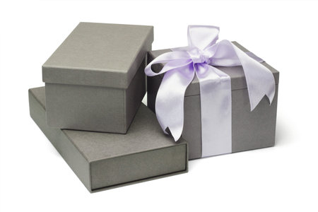 Collection of grey gift boxes on white backgroundの写真素材