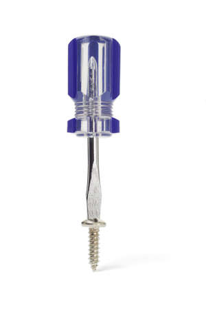 Short screwdriver and screw standing on white backgroundの写真素材