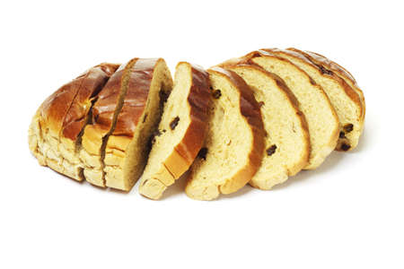 Sliced fresh raisin bread arranged white backgroundの写真素材