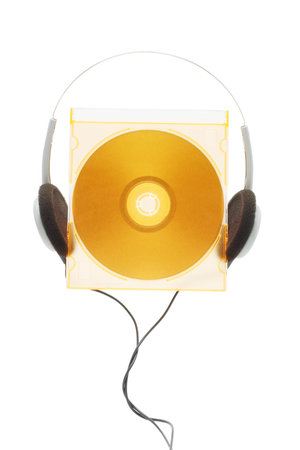 Conceptual image of compact disc and headphone on white backgoundの写真素材
