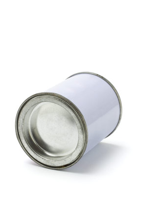 Sealed white tin can on white background with copy space