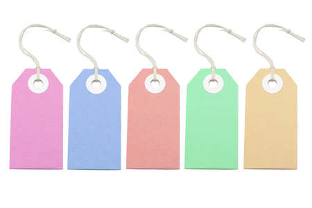 Multicolor price tags arranged on white backgroundの写真素材