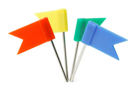 Multicolor plastic flag pins on white backgroundの写真素材
