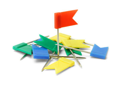 Multicolor plastic flag pins on white backgroundの写真素材
