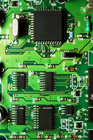 Electronic circuit board with chips and transitors