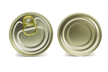 Close up top and under sides of tin can on white backgroundの写真素材