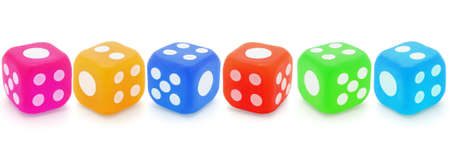 Row of colorful rubber dices on white backgroundの写真素材