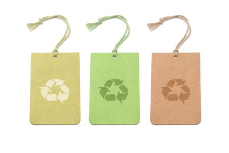 Three color tags with recycling symbols arranged on white backgroundの写真素材