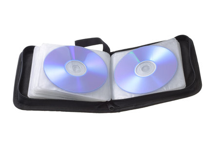 Open compact disk storage bag on white background