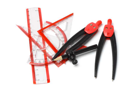 Red student geometry set isolated on white backgroundの写真素材