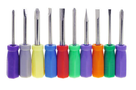 assortment of colorful screwdrivers arranged on white backgroundの写真素材