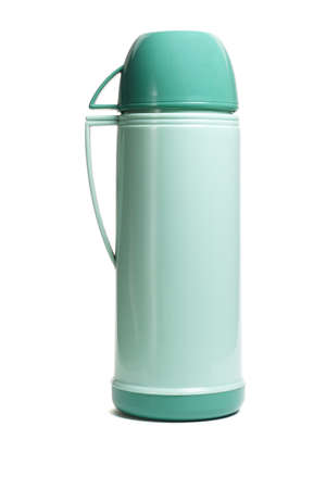 Green plastic thermal flask with cup on white backgroundの写真素材