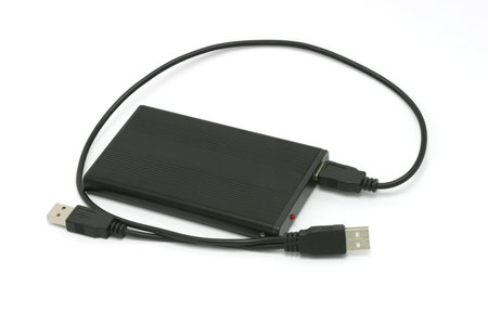 Portable external HDD hard disk drive with USB cable on white background