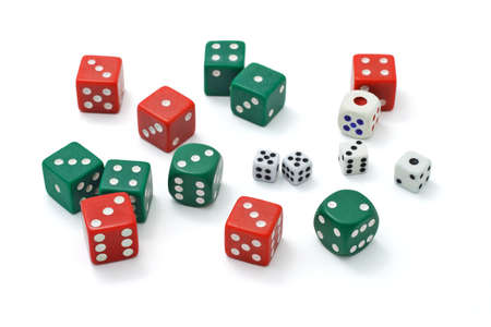Assortment of colorful dice on white backgroundの写真素材