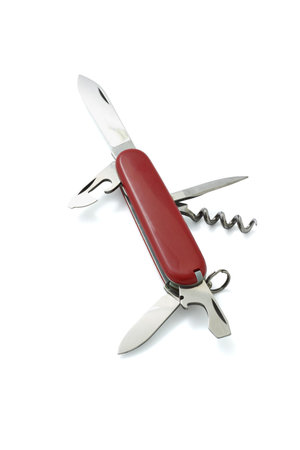 Red Swiss army pocket knife on white background