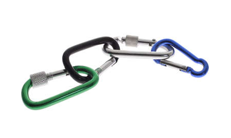 Interlocking Carabiner hooks on white backgroundの写真素材