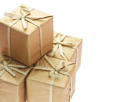 Gift boxes with bow ribbons and copy space on white background