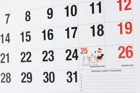 Calendar page showing December 25 Christmas Day and December 26 Boxing Day の写真素材