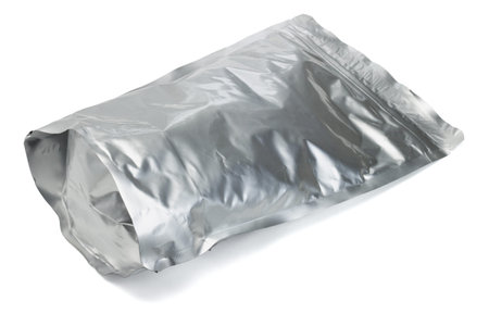 Sealed aluminum foil bag containing cereal on white background