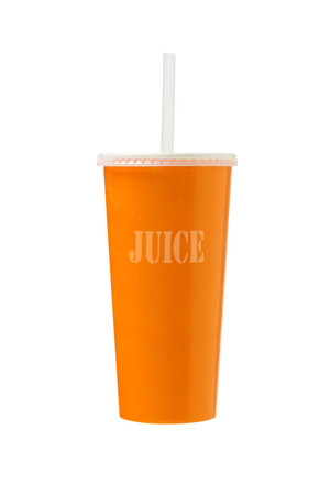 Orange Juice in Paper Cup on White Backgroundの写真素材