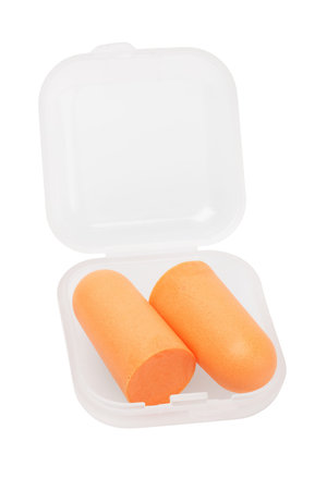 Soft Foam Ear Plugs in Plastic Container on White Background
