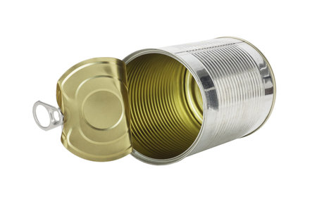 Open Empty Tin Can Lying On White Background