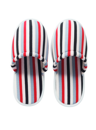 Pair Of Colorful Striped Home Slippers On White Backgroundの写真素材