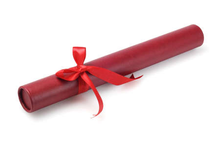 Red Scroll Container With Bow Ribbon On White Backgroundの写真素材