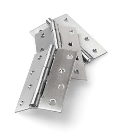 Three Pieces of Stainless Steel Door Hinges On White Backgroundの写真素材