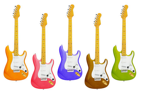 Row of Colourful Electric Guitars on White Backgroundの写真素材