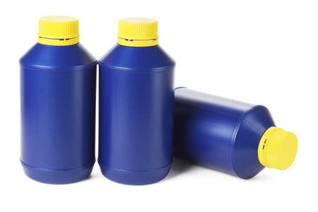 Blue Plastic Bottles on White Backgroundの写真素材