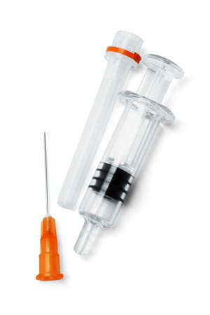 Disposable Hypodermic Needle and Syringe on White Backgroundの写真素材