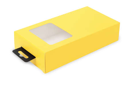 Yellow Product Packaging Box Lying on White backgroundの写真素材
