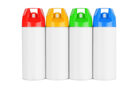Row of Four Spray Cans on White Backgroundの写真素材