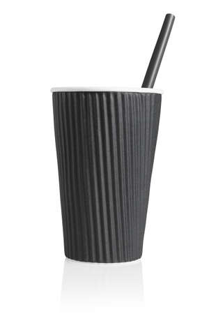 Black Paper Cup with Plastic Straw on White Backgroundの写真素材