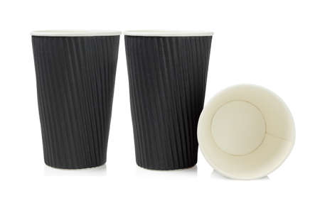 Three Disposable Black Paper Cups on White Backgroundの写真素材