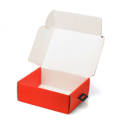 Open Red Product Packaging Box Lying on White backgroundの写真素材
