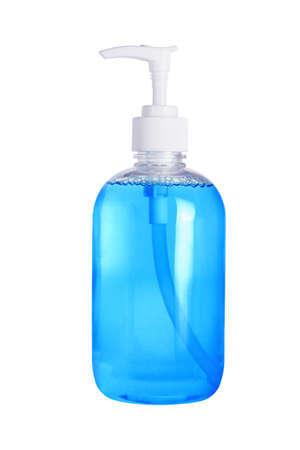 Liquid Hand Sanitizer Soap in Plastic Dispenser on White Background