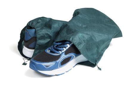 Pair of Jogging Shoes in Drawstring Bags on White Backgroundの写真素材