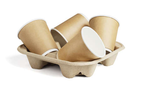Empty Coffee Cups on Disposable Paper Tray on White Backgroundの写真素材