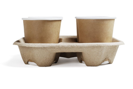 Disposable Coffee Cups in Takeaway Paper Tray on White Background