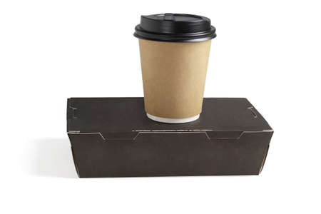 Coffee Cup on Takeaway Lunch Box on White Backgroundの写真素材