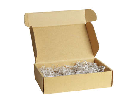 Shredded Paper in Brown Box on White Backgroundの写真素材
