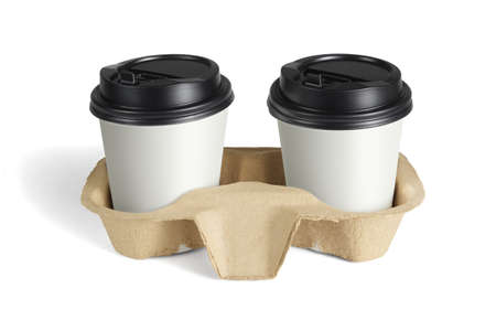 Paper Coffee Cups in Takeaway Container Holder on White Backgroundの写真素材