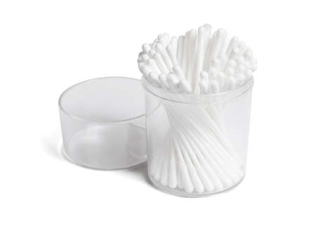 Cotton Swabs in Open Plastic Container on White Backgroundの写真素材