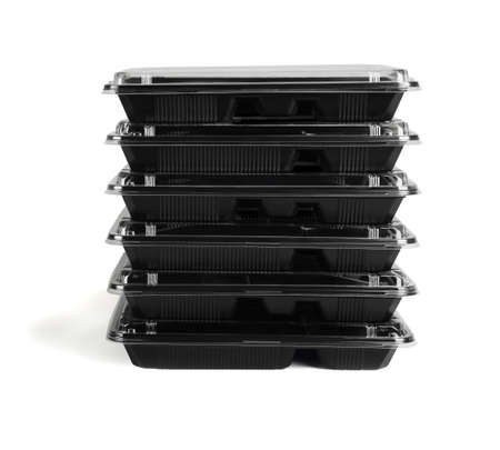 Stack of Takeaway Black Plactic Containers on White Backgroundの写真素材
