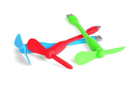 Three Colourful USB Mini Fans on White Backgroundの写真素材